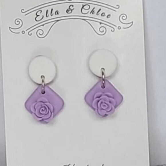 Summer Spring White Purple Colourblock Clay Floral Drop Flower Dangle Earrings - Picture 5 of 5